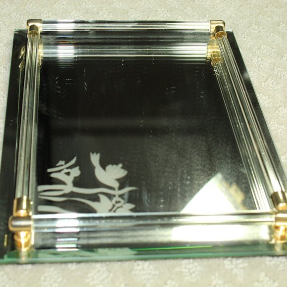 Vintage Beveled Mirrored Vanity Tray Mirror Lucite Rails Hummingbirds Flowers - Picture 4 of 8